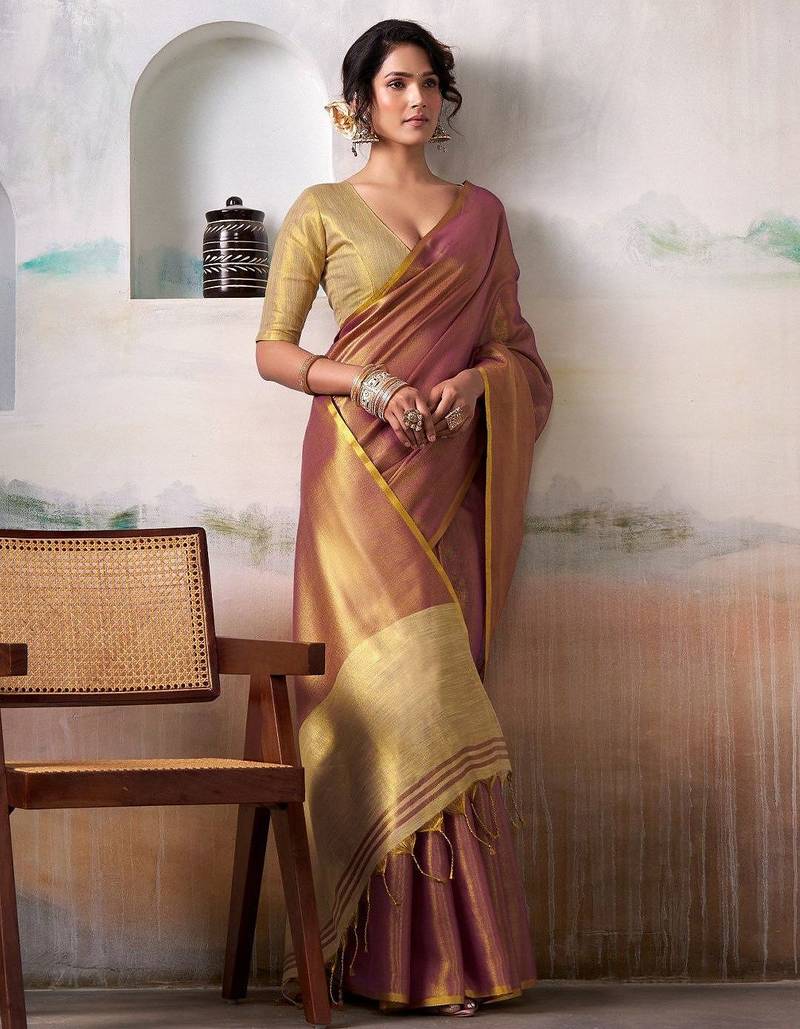 pink woven design zari tissue saree