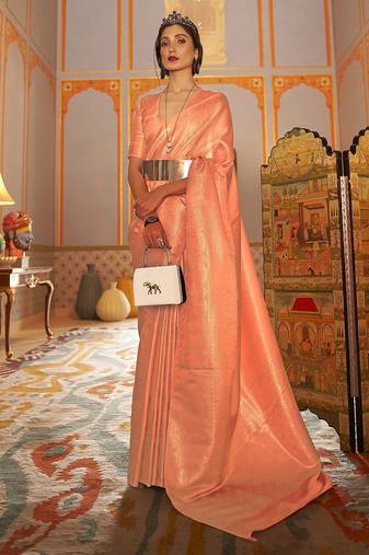 peach peach-coloured & gold-toned floral zari kanjeevaram saree