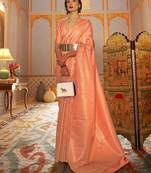 peach peach-coloured & gold-toned floral zari kanjeevaram saree