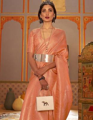 peach peach-coloured & gold-toned floral zari kanjeevaram saree 2