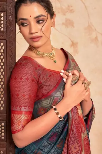 Violet red floral embroidered pure chiffon saree