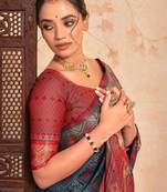Violet red floral embroidered pure chiffon saree