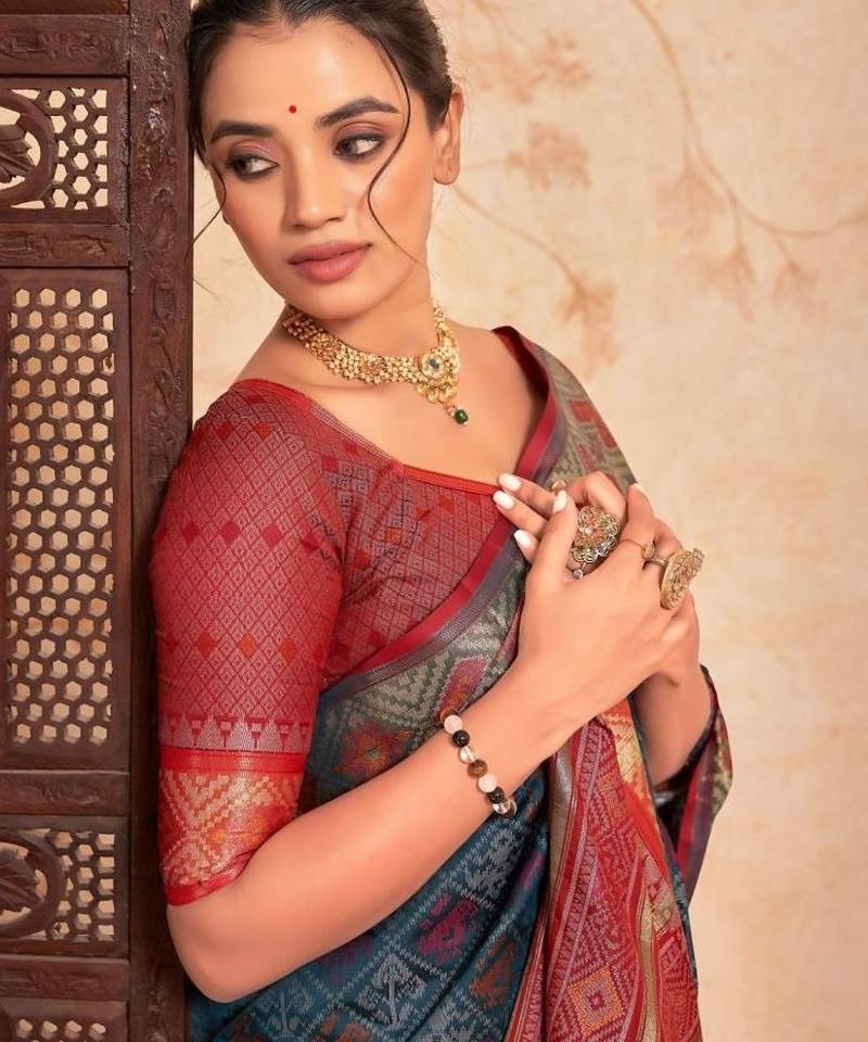 Violet red floral embroidered pure chiffon saree