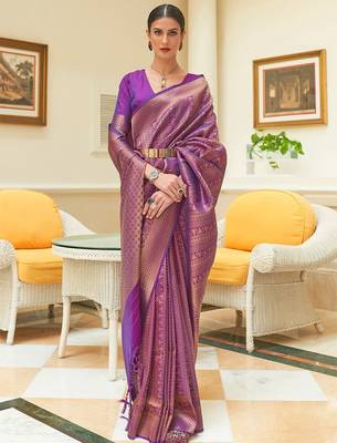 Orange copper floral silk blend designer kanjeevaram saree 1