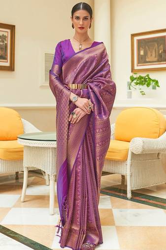 Orange copper floral silk blend designer kanjeevaram saree