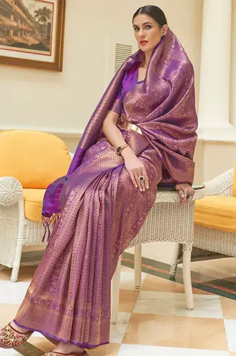 Orange copper floral silk blend designer kanjeevaram saree