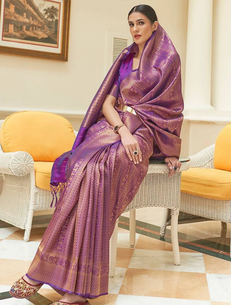Orange copper floral silk blend designer kanjeevaram saree