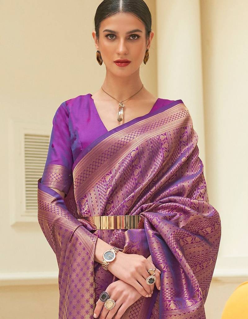 Orange copper floral silk blend designer kanjeevaram saree