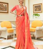 Red pink floral zari silk blend designer kanjeevaram saree