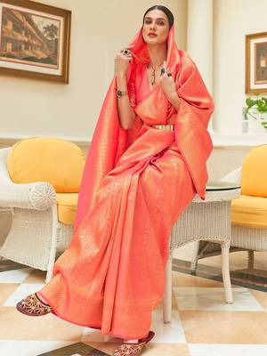 Red pink floral zari silk blend designer kanjeevaram saree 2