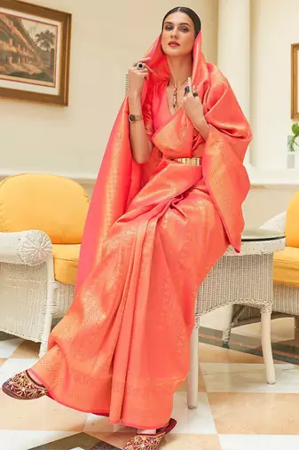 Red pink floral zari silk blend designer kanjeevaram saree