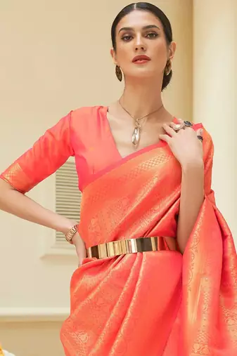 Red pink floral zari silk blend designer kanjeevaram saree