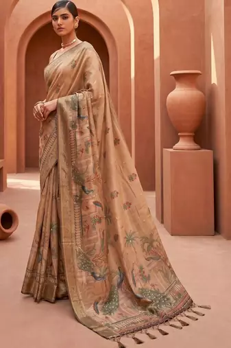 Blue grey floral embroidered pure chiffon tussar saree
