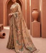 Blue grey floral embroidered pure chiffon tussar saree