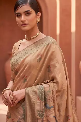 Blue grey floral embroidered pure chiffon tussar saree