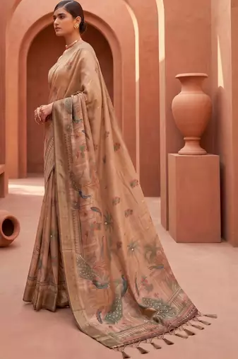 Blue grey floral embroidered pure chiffon tussar saree