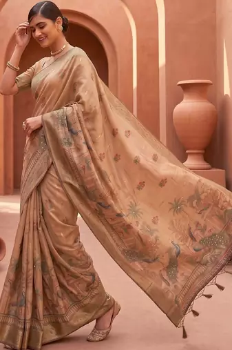Blue grey floral embroidered pure chiffon tussar saree