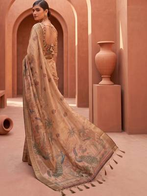 Blue grey floral embroidered pure chiffon tussar saree 5