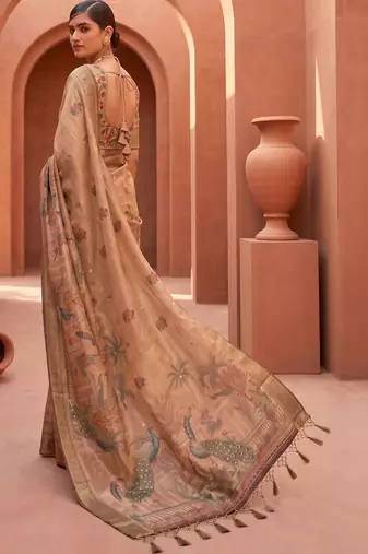 Blue grey floral embroidered pure chiffon tussar saree