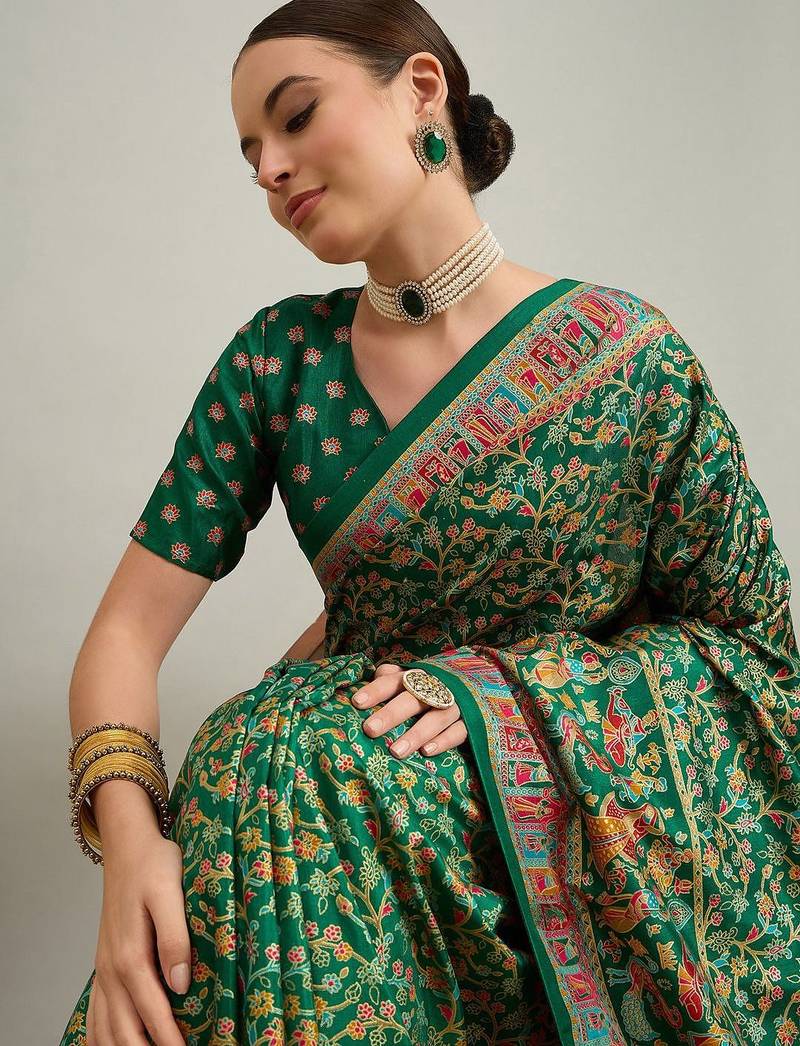 Peach cream floral printed tissue jamdani saree