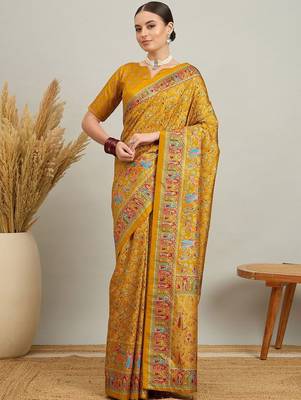 Blue mustard floral embroidered tissue designer saree 1