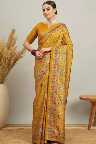Blue mustard floral embroidered tissue designer saree