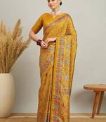 Blue mustard floral embroidered tissue designer saree