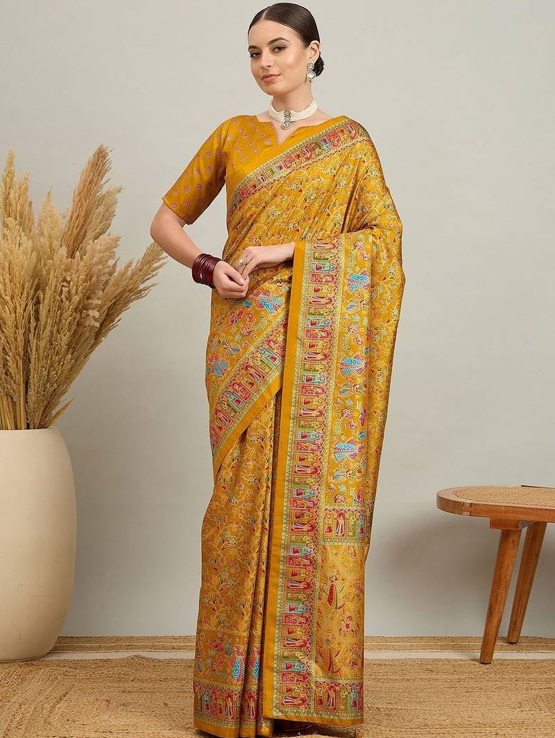 Blue mustard floral embroidered tissue designer saree