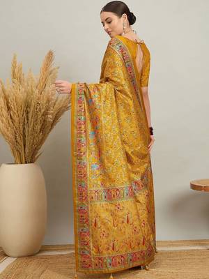 Blue mustard floral embroidered tissue designer saree 2