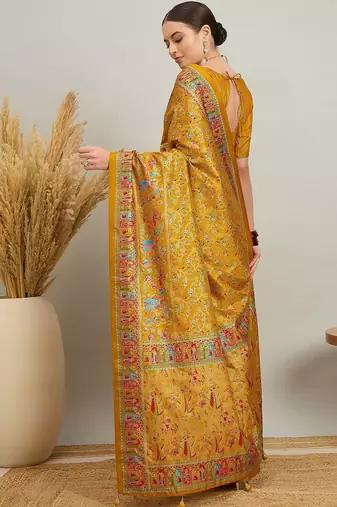 Blue mustard floral embroidered tissue designer saree