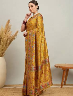 Blue mustard floral embroidered tissue designer saree 3