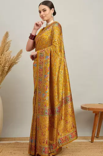 Blue mustard floral embroidered tissue designer saree