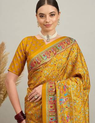 Blue mustard floral embroidered tissue designer saree 4