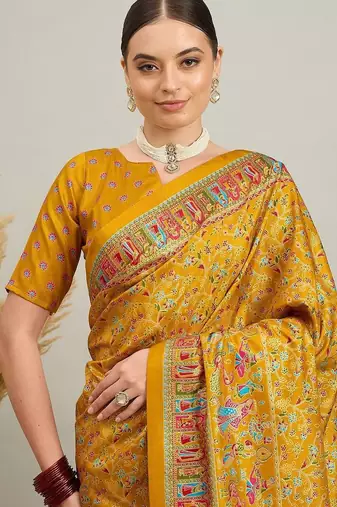 Blue mustard floral embroidered tissue designer saree