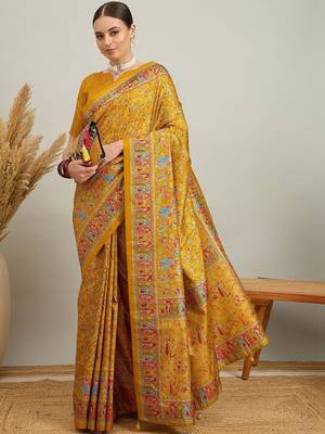 Blue mustard floral embroidered tissue designer saree 5