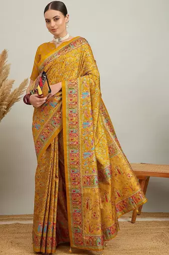 Blue mustard floral embroidered tissue designer saree