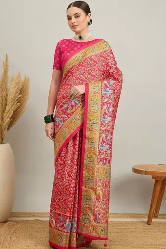 pink ethnic motifs silk heavy work positon printing saree