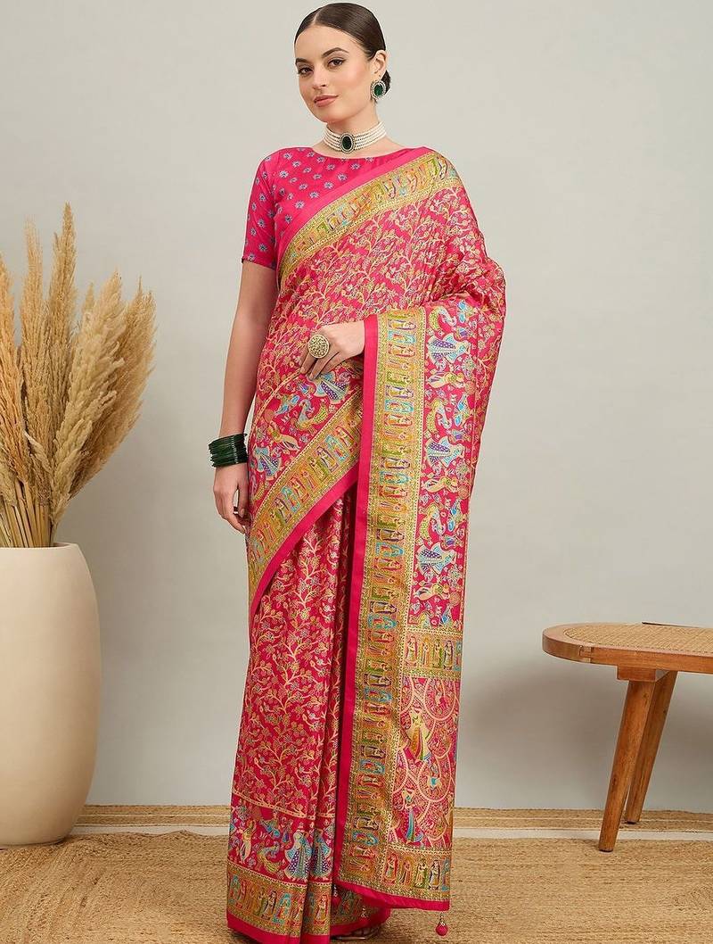 pink ethnic motifs silk heavy work positon printing saree