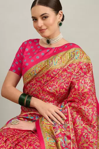 pink ethnic motifs silk heavy work positon printing saree