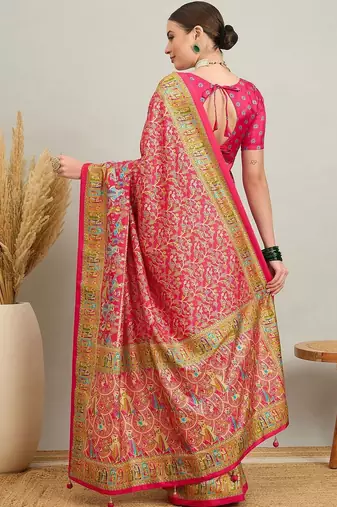 pink ethnic motifs silk heavy work positon printing saree