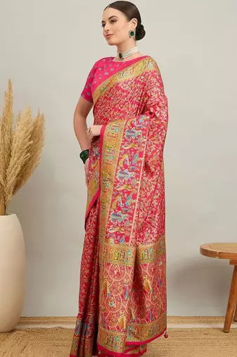pink ethnic motifs silk heavy work positon printing saree