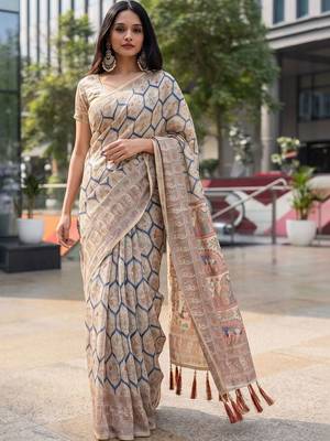 beige ethnic motifs printed pure cotton saree 1