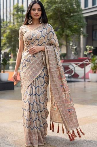beige ethnic motifs printed pure cotton saree