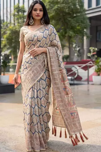 beige ethnic motifs printed pure cotton saree