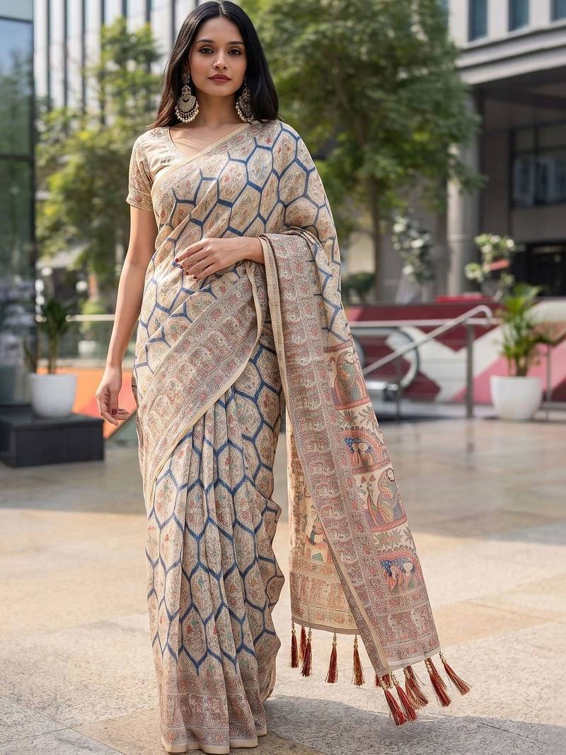 beige ethnic motifs printed pure cotton saree