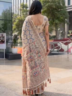 beige ethnic motifs printed pure cotton saree 2