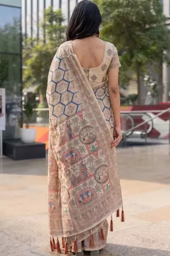 beige ethnic motifs printed pure cotton saree