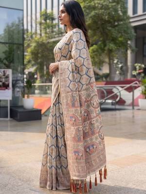 beige ethnic motifs printed pure cotton saree 3
