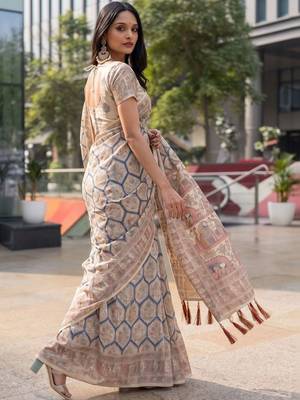 beige ethnic motifs printed pure cotton saree 4