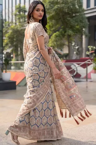 beige ethnic motifs printed pure cotton saree